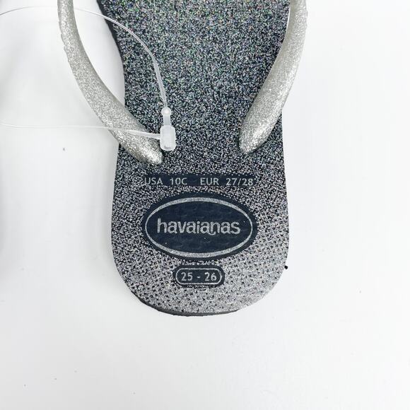 Havaianas Girl's Black Slim Gloss Silver Shimmer Flip Flop Sandals Size 10C - Picture 2 of 4